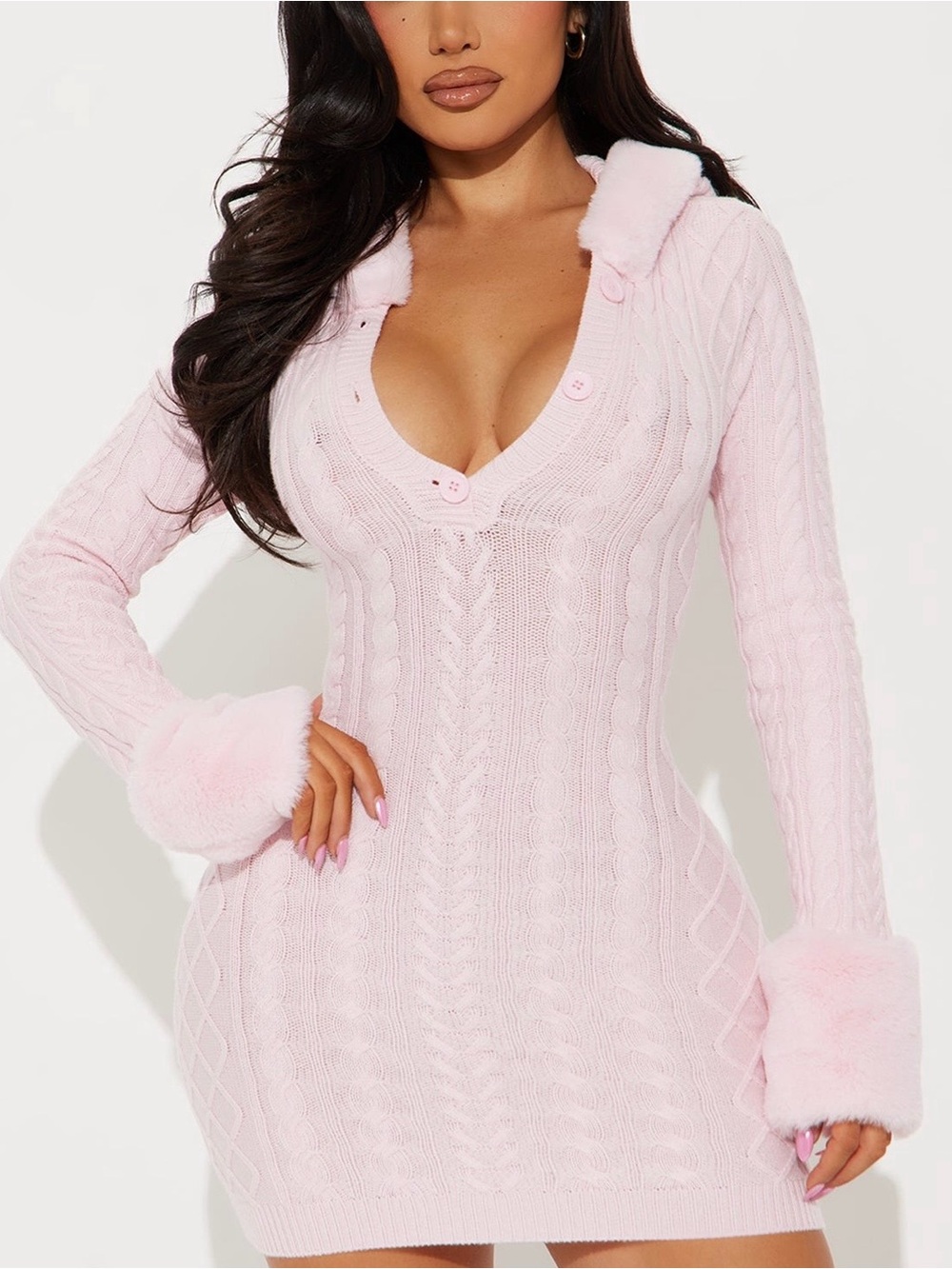 Soft Pink Cable Knit Faux-Fur Trim Sweater Dress